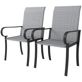 Set of 2 Outdoor Wicker Dining Chairs with Armrest, Steel Frame, High Back and Deep Seating, Gray