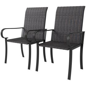 Set of 2 Outdoor Wicker Dining Chairs with Armrest, Steel Frame, High Back and Deep Seating, Brown