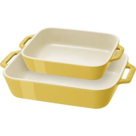 2 Piece Ceramic Stoneware Bakeware Casserole Baking Dish Set in Yellow / Ivory