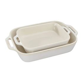 2 Piece Ceramic Stoneware Baking Dish Set in Ivory Cream Beige