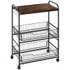 24" Brown 3-Tier Rolling Kitchen Cart, Utility Storage Trolley with Basket Drawers & Side Hooks