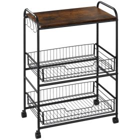 24" Brown 3-Tier Rolling Kitchen Cart, Utility Storage Trolley with Basket Drawers & Side Hooks