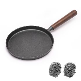 WANGYUANJI Cast Iron Pizza Pan, 10.2" Uncoated Pancake Skillet for Indoor and Outdoor, Non-Stick Skillet with Wooden Handle, Handmade Pancakes, Pizza