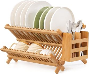 Bamboo Dish Drying Rack with Utensil Holder, 2 Tier Collapsible Dish Rack for Kitchen Counter, Large Folding Drying Holder, Dish Drainer