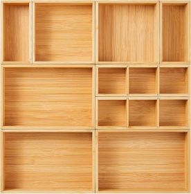 Drawer Organizer, Set of 9 Bamboo Wood Kitchen Makeup Desk Junk Tea Drawer Storage Boxes Bins for Cutlery Silverware Utensils Flatware