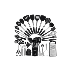 Large Cooking Utensils Set, 35 Pcs Silicone Kitchen Utensils Set with Holder, Stainless Steel Handle Spatula Set