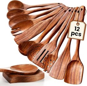 Wooden Spoons for Cooking, 12 Pcs Nonstick Wooden Cooking Utensils Set with Comfort Grip – 100% Natural Teak Wood - Sturdy