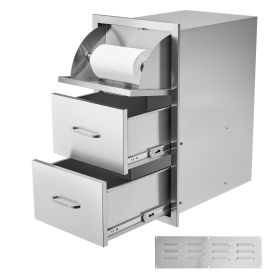 17W x 30H x 21D Inch Outdoor Kitchen Stainless Steel Double Access Drawers with Paper Towel Holder Combo for BBQ Island or Grill Station