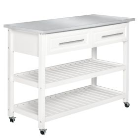 Kitchen Island with Stainless Steel Top, Traditional Kitchen Island with Storage, Butcher Block Cart 2-Tier Open Shelves, Drawers, White