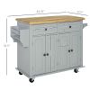 Rolling Kitchen Island with Rubber Wood Top, Spice/Towel Rack, Storage Drawers, Mobile Cart for Dining Room, Gray