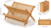 Bamboo Dish Drying Rack with Utensil Holder, 2 Tier Collapsible Dish Rack for Kitchen Counter, Large Folding Drying Holder, Dish Drainer