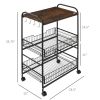 24" Brown 3-Tier Rolling Kitchen Cart, Utility Storage Trolley with Basket Drawers & Side Hooks