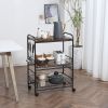 24" Brown 3-Tier Rolling Kitchen Cart, Utility Storage Trolley with Basket Drawers & Side Hooks