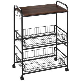 3 Tier Rolling Kitchen Cart with Storage, Kitchen Island Cart on Wheels with 2 Sliding Fruit Basket, Microwave Cart with Side Hooks for Dining Room,