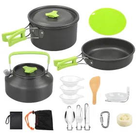 16Pcs Camping Cooking Ware Set Camping Stove Cookware Kit Aluminum Pot Pan Kettle Set with Bowls Knife Fork Spoon Carabiner Spatula Cutting Board for (Option: CookwareSet)